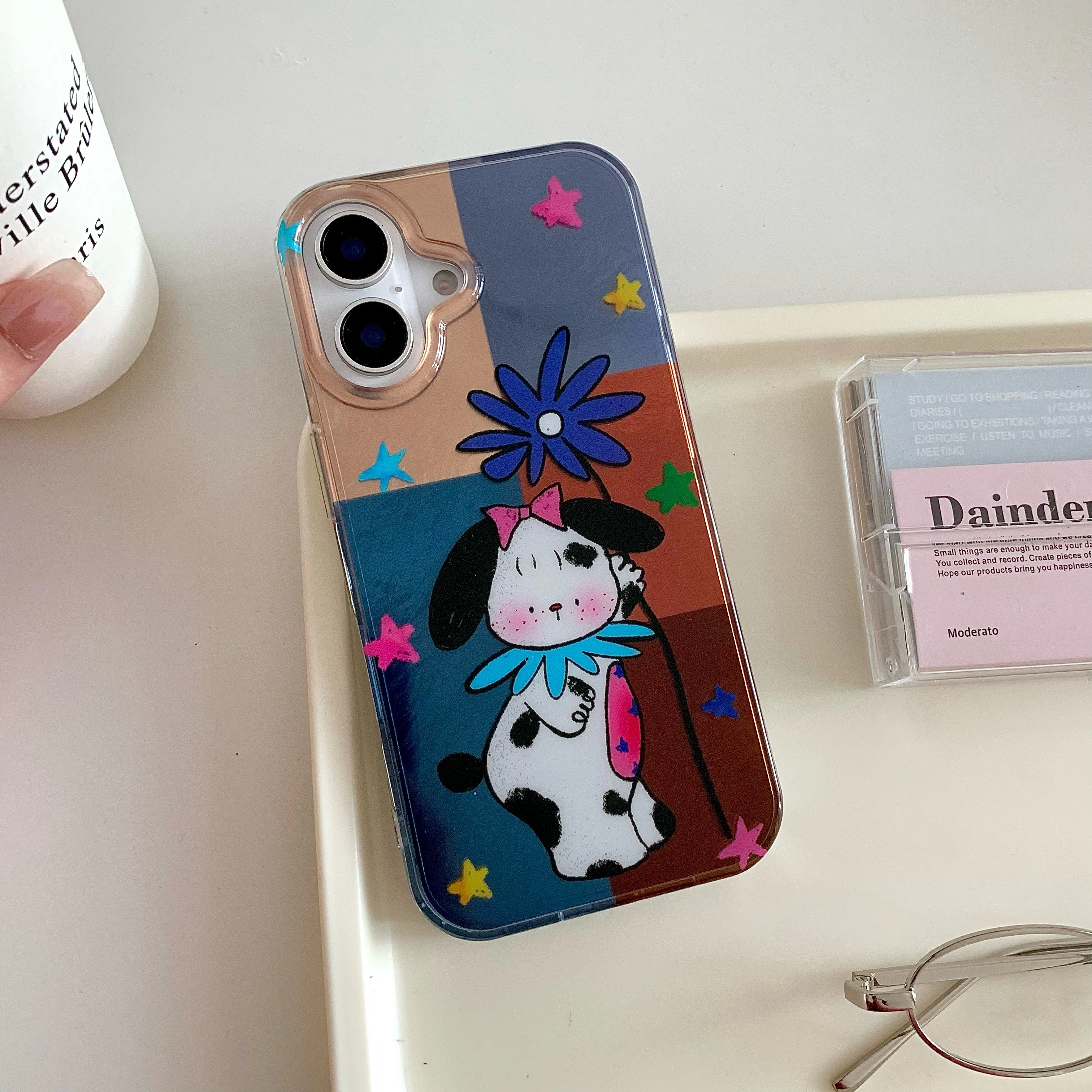 Cartoon INS Ripple Texture Double Layer Dog Splicing Checkers Phone Case for iPhone 16 15 14 13 Pro Max Back Cover Capa