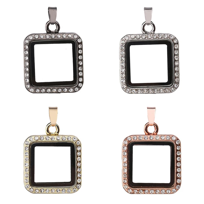 

5Pcs Square Rhinestones Glass Memory Floating Locket Charm Pendant Necklace Keychain For Men Women Gift Jewelry Making Bulk