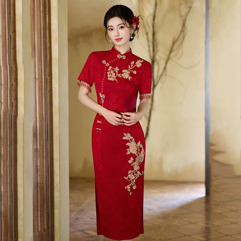 Красное женское платье Cheongsam высокого класса, новое платье Ципао в китайском стиле для невесты, 2025, новое обручальное, свадебное, банкетное (art.: 3920d013e69ba) - 3920d013e69ba
