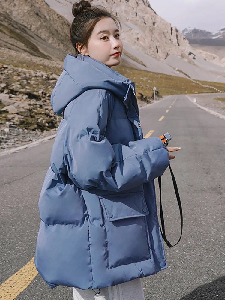 Autumn Winter Thicken Warm Medium Long Chic Parka Women Casual Sweety Solid Color Big Pocket Loose Hooded Coat Jackets Outwear