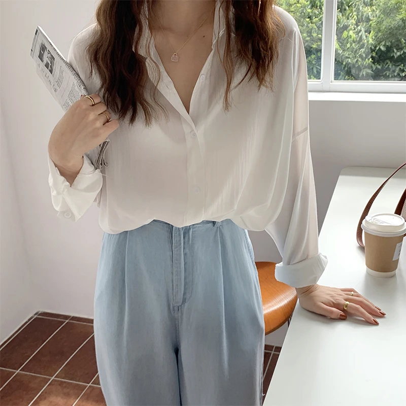 

Женская свободная рубашка средней длины, универсальная хлопковая блузка с длинными рукавами и защитой от солнца, весна-лето 2022