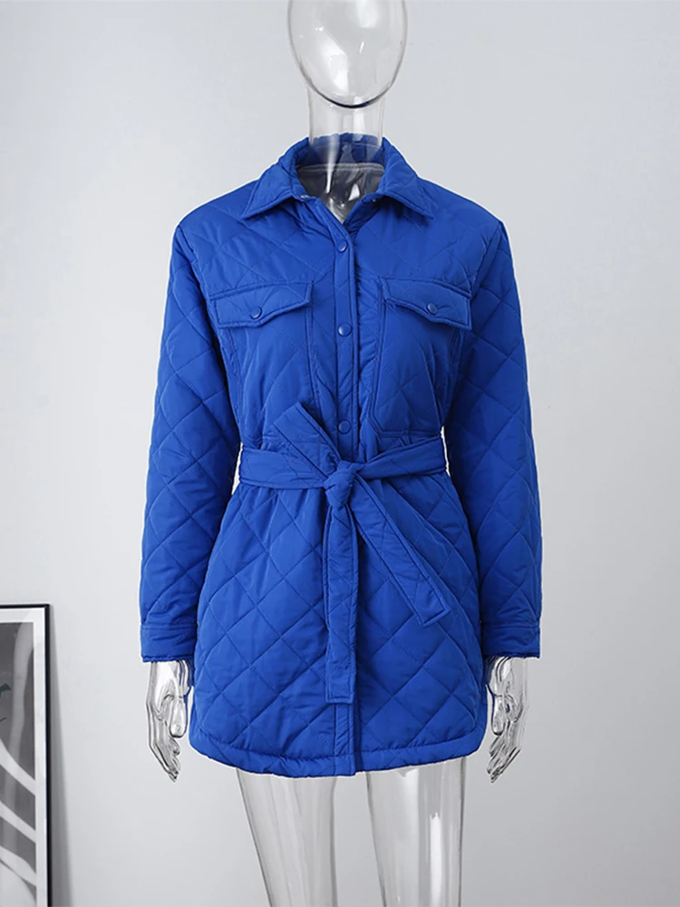 Ekaliy Long Padded Single Breasted Jacket Turn Down Collar Belt Straight Coat Casual Office Outwear Warm Winter Women Clothing