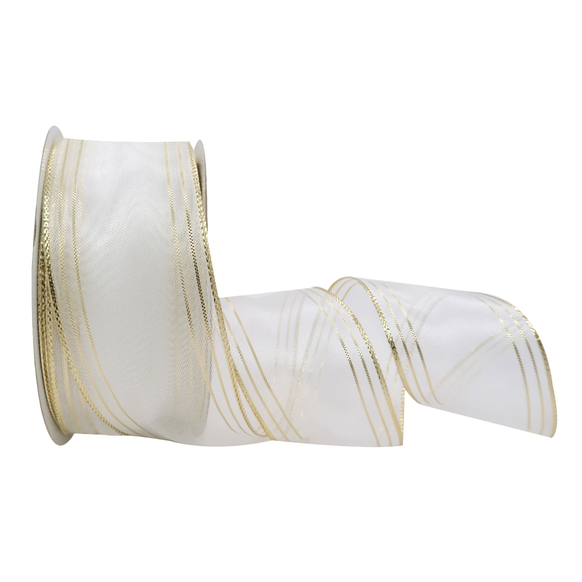 

5 10 25 Yards/Roll 38mm Gold Lurex Edge White Organza Ribbon with Wired Edges for Gift Wrap Wedding Decor Bows for Crafts 2111