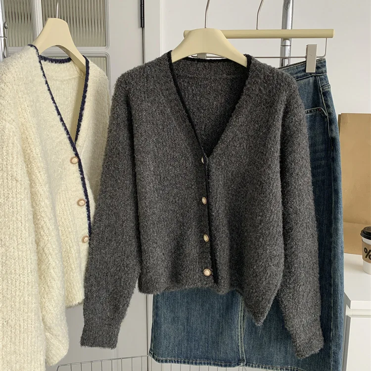 

Женский трикотажный кардиган на пуговицах, серый или белый свитер из 12%-ной шерсти с V-образным вырезом, Осень-зима 2023