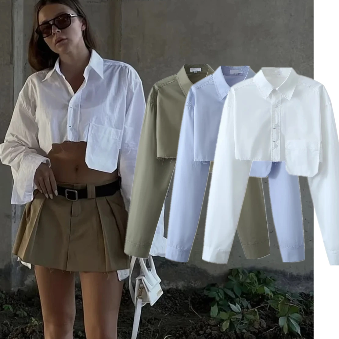 

Elmsk Ins Blogger High Street Retro Cotton Cargo Pockets Fashion Sexy Short Shirt Blouse Women Casual Tops