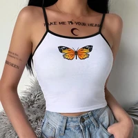 summer sexy butterfly print white crop tops woman contrast backless slim tank tops clubwear party harajuku sweet girl camisole