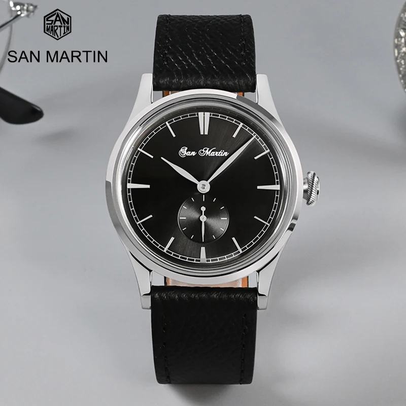 

San Martin 38mm Luxury Men's Watch Fashion Simple Leather Sunray Salmon Dial Men Watches Casual Ronda 715 Quartz Movement Clock