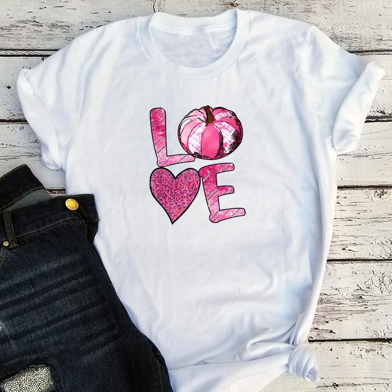 

Pink Pumpkin T Shirt Women Cancer Awareness Print O-Neck Funny T Shirts 2022 New Happy Halloween Tshirt Women Aesthetic Tops Tee