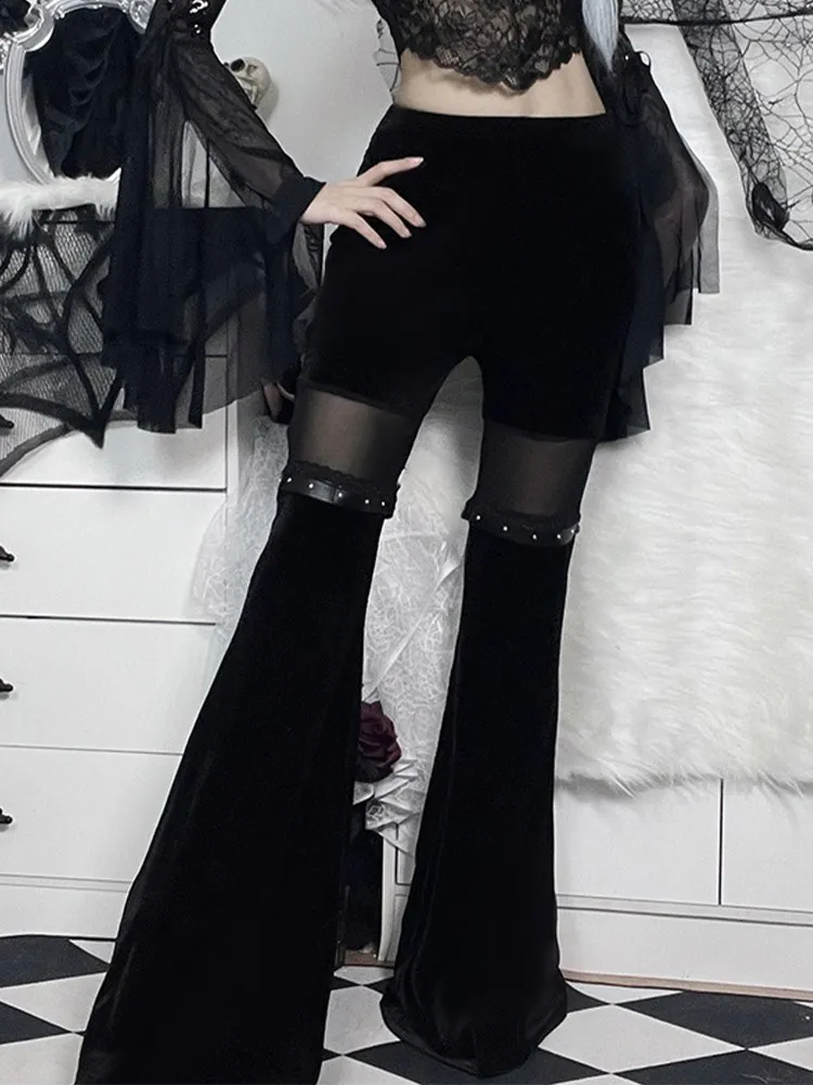 Goth Dark Gorgeous Tra Mall Gothic Velvet Flare Pants Grunge Aesthetic Mesh Splice Women Trousers High Waist Black Alt Clothes