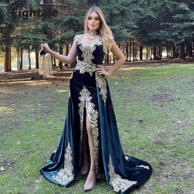 

Eightale Caftan Evening Dresses 4 Pieces Appliques Mermaid Prom Gown with Detachable Train Velvet Arabic Dubai Party Dress 2022