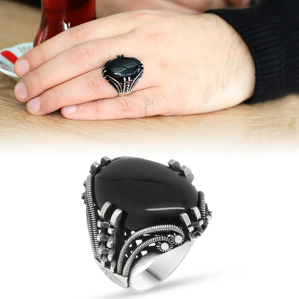 

Nail Design Black Onyx Cubic Zirconia 925 Sterling Silver Men 'S Ring