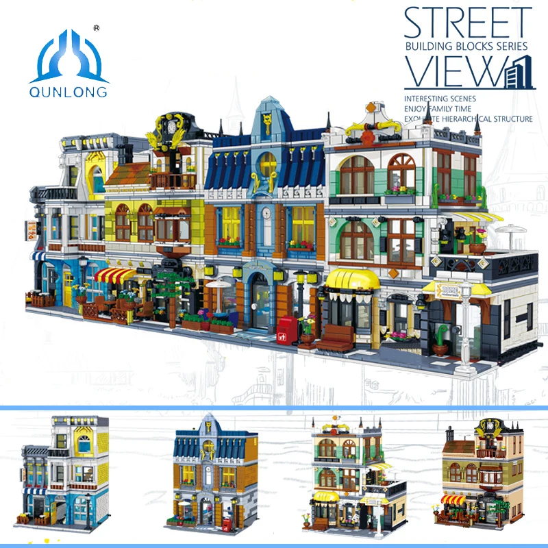 

Конструктор QUNLONG City из строительных блоков, кофейня, гостиница, архитектура, ресторан, магазин, уличный вид, игрушки