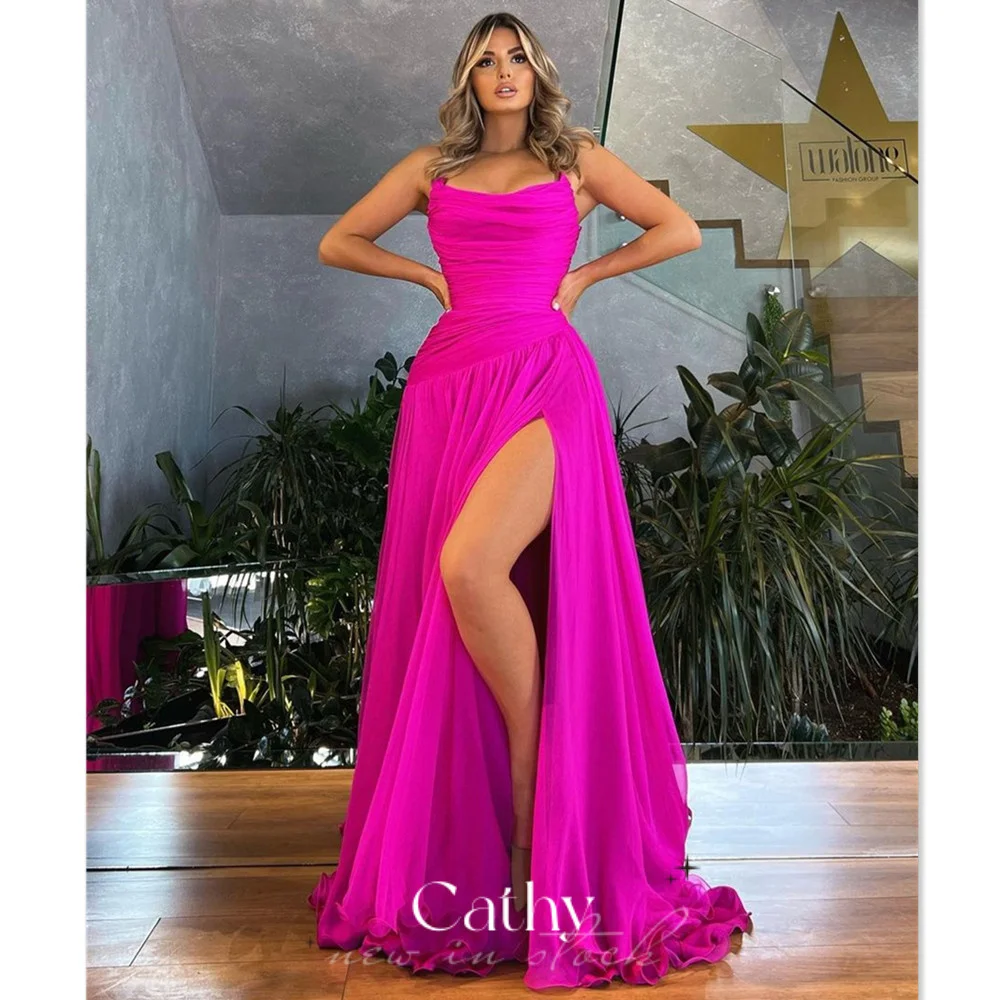 

Cathy 2023 Spring Sexy Strapless فساتين السهرة Prom Dress Rose Pink Tulle Party Dresses Side Split A-line Vestidos De Noche