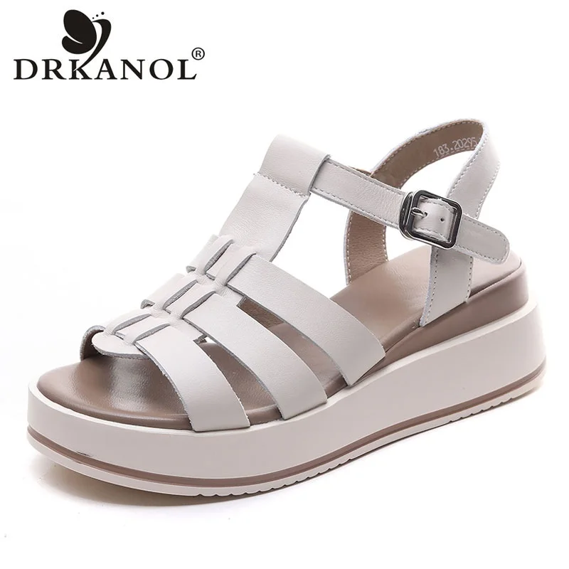 

DRKANOL 2023 Women Wedges Heel Sandals Summer Concise Open Toe Shoes Ladies Genuine Leather Metal Buckle Chunky Platform Sandals