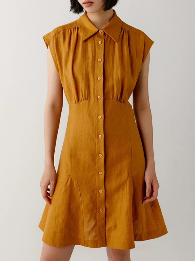 

100% Linen 2022 Women Ragian-sleeve SIngles Breasted Curved Hem Summer Vacation Holiday Mini Dress Free Shipping