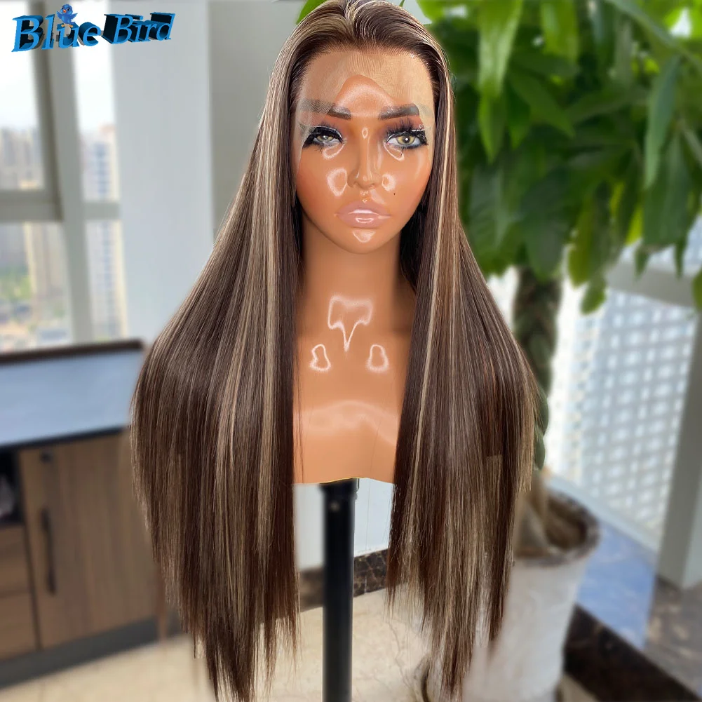 BlueBird Long Straight Gluesless Synthetic Lace Front Wigs For Black Women 13x4 Heat Resistant Highlights Wig Natural Hairline