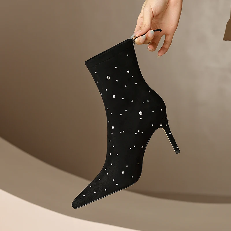 

2022 Winter Women's Shoes French Elegant Rhinestone Ankle Boots Black Pointed Toe High-heeled Elastic Boots