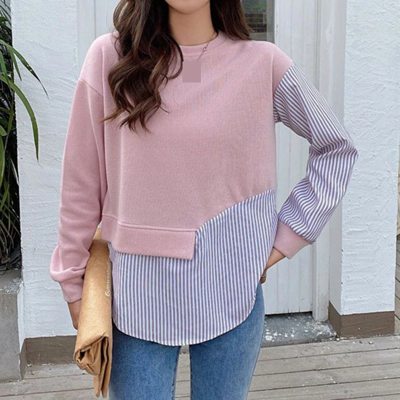 Sweater Shirt Women's Fashion Casual Versatile Loose Pullover Round Neck Asymmetric Striped Splicing Bat Outline Top