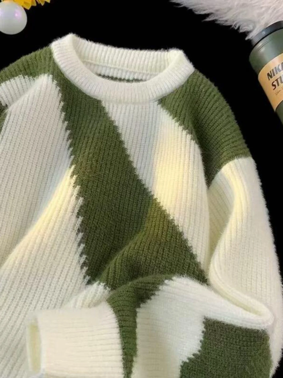 Зеленый лоскутный вязаный свитер контрастного цвета мужская зимняя теплая