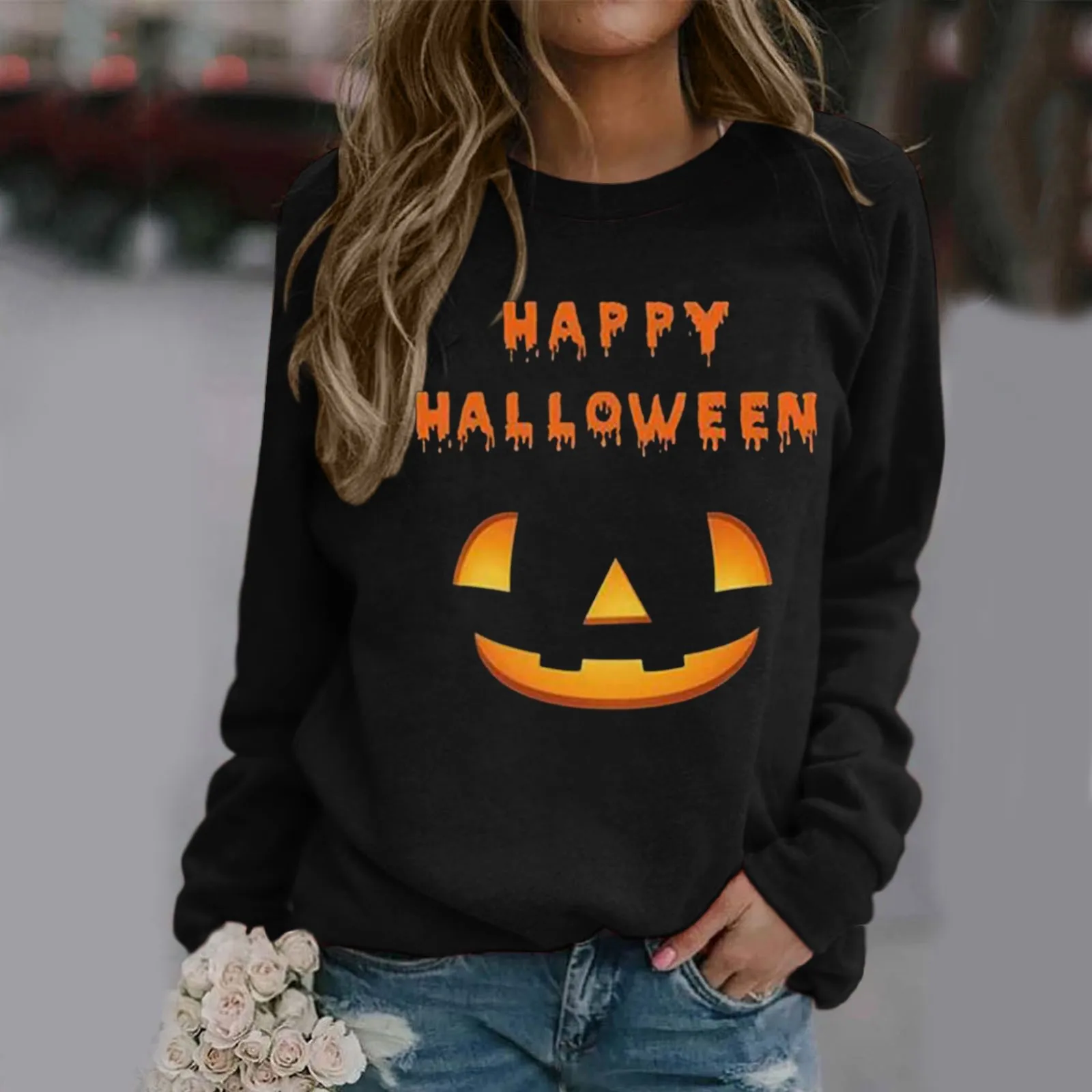 

Ladies Women Halloween Hooded Print Round Neck Long Sleeve Sweatshirt Top Initial Sweaters for Women Black Hoodie Athletic Women