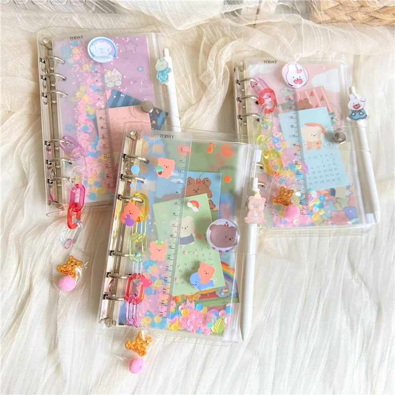 

Plan 6 Kawaii School Supplies Book Folder Glitter Sequin Ring Cute Diary Office Ring Binder Transparent Loose-leaf Notebook
