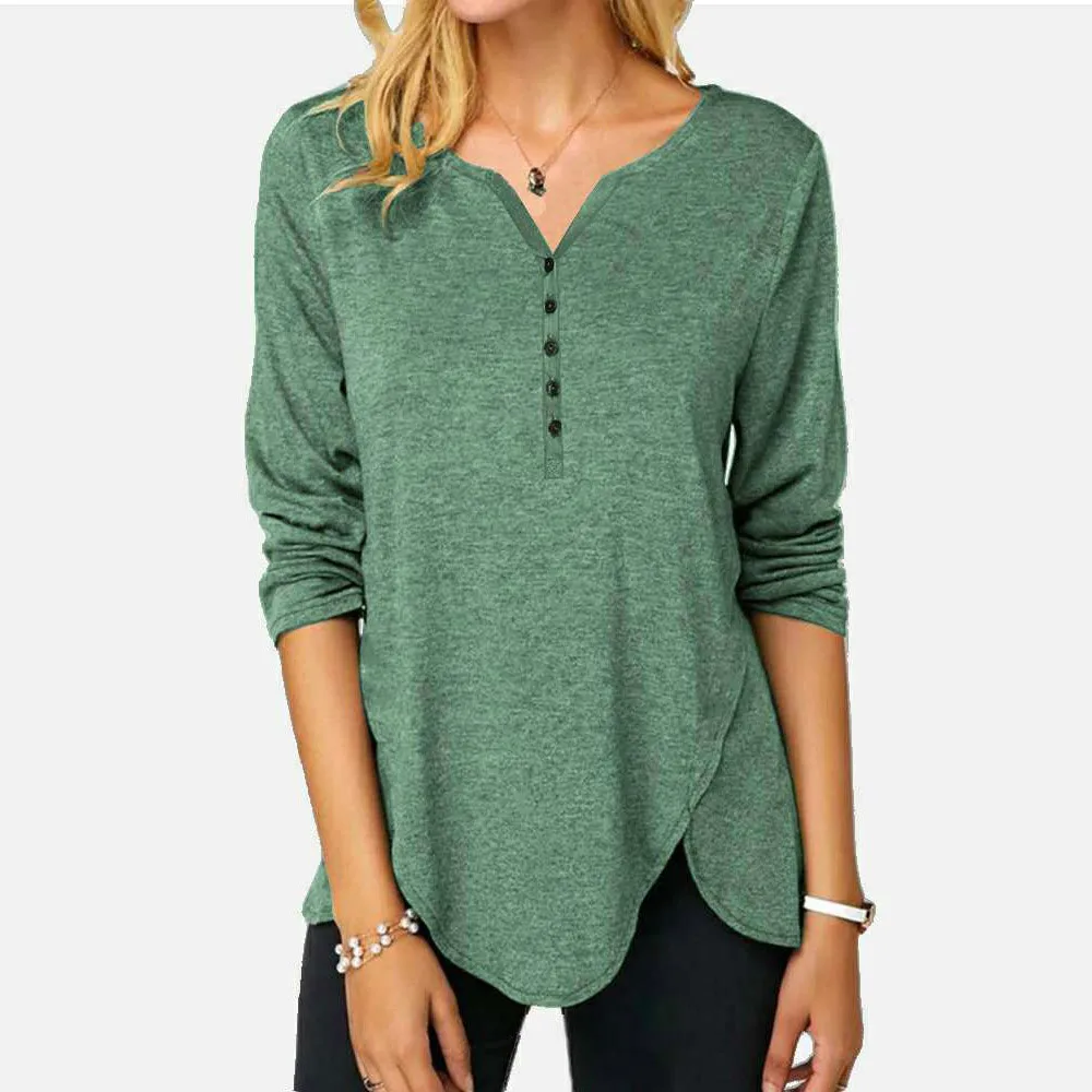 

New 7 Colors Basic Leisure T-shirts Women Elegant Casual Solid Color Splice Buttons Long Sleeve Plus Size Irregular Tops T-shirt