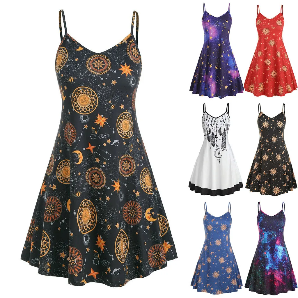 

Vintage Summer Strap Dress Goth Sun Moon Dreamcatcher Print Dress Women Pleated A Line Party Dress Boho Sundress robe Платье