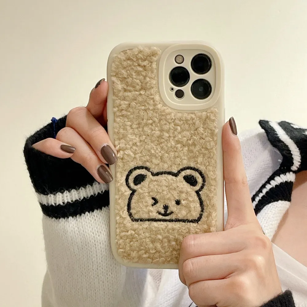 Cartoon Embroidery Plush Bear Phone Case For Iphone 11 12 13 14 Pro Max Xr Xs 14plus Simple Full Coverage Shockproof Soft Cover