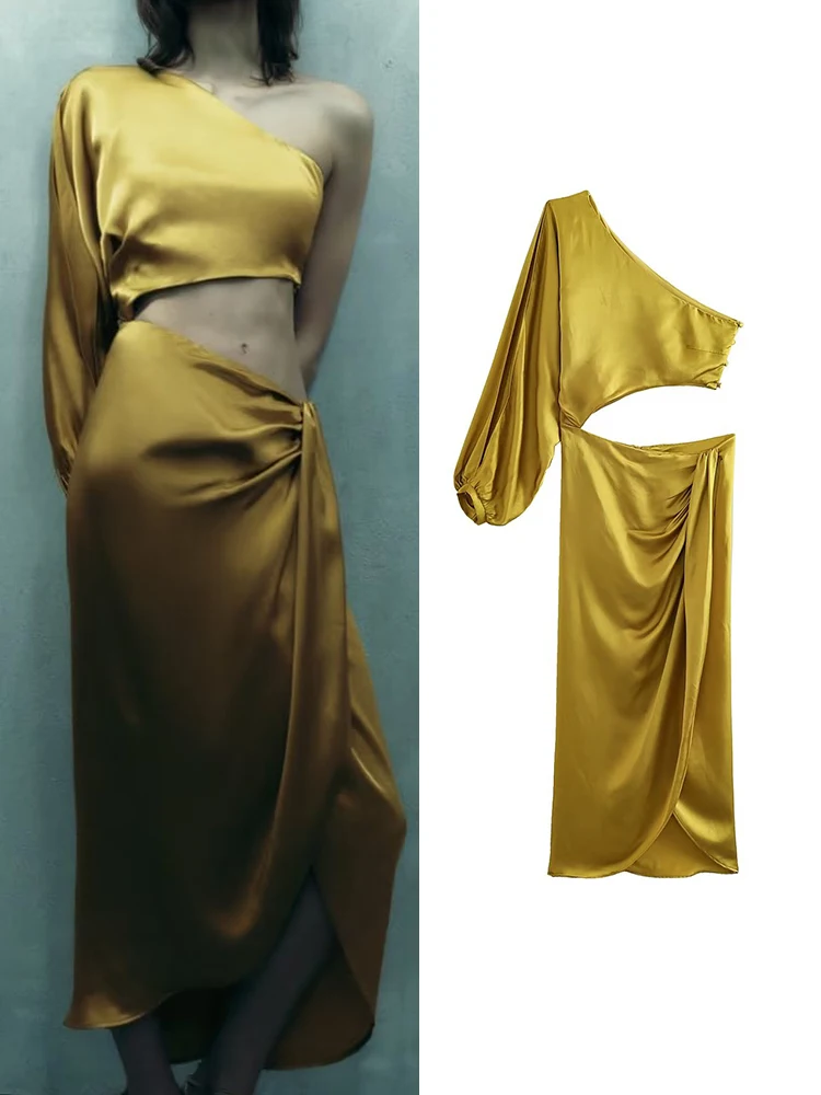 

Летнее женское однотонное платье с диагональным воротником и одним открытым плечом, асимметричное длинное платье до середины икры, новинка 2023