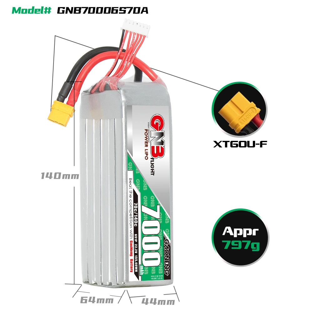 

GAONENG GNB 7000mAh 6S 70C 140C 22.2V XT60 LiPo Battery FMS EDF Jets and 3D Plane Size 700mm To 800mm Helicopters