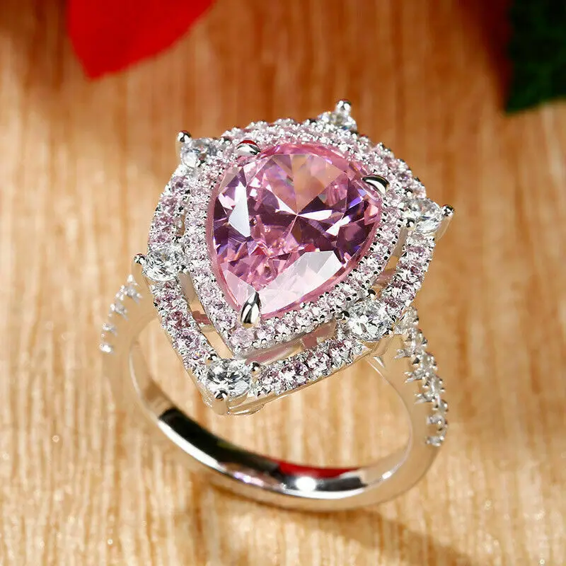 

2022 New girl pink zirconium wedding ring Light luxury drop-shaped copper inlaid gemstone ring sweet pink pear-shaped jewelry