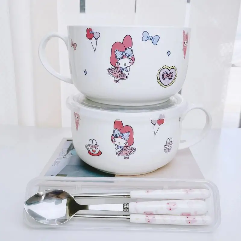 Ins Sanrio My Melody Ceramic Instant Noodle Bowl Cartoon Pochacco Handlebar Bowl Large Capacity Covered Breakfast Oatmeal Bowl