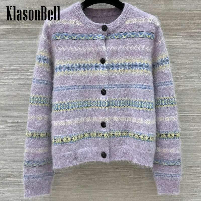 11.22 KlasonBell-Женский контрастный цветной принт из мохера шерстяной вязаный кардиган