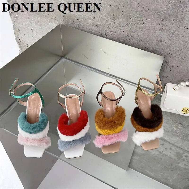 

Босоножки женские с мехом, прозрачные сандалии на танкетке, пушистые цветные блочные, норковая обувь с открытым носком, туфли-лодочки на выс...