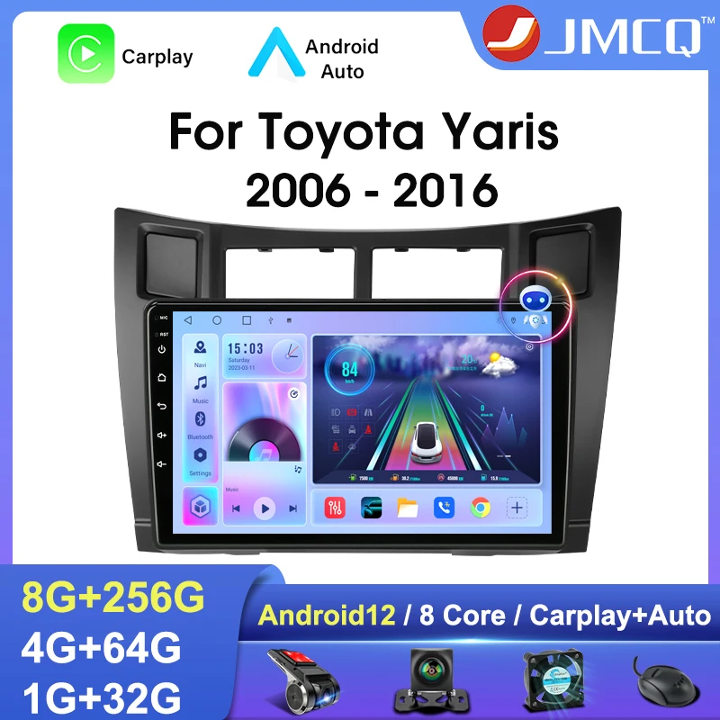 

JMCQ 2Din Android 12 Car Radio For Toyota Yaris 2005-2012 Stereo Multimedia Video Player 4G Carplay Head Unit Autoradio RDS DVD