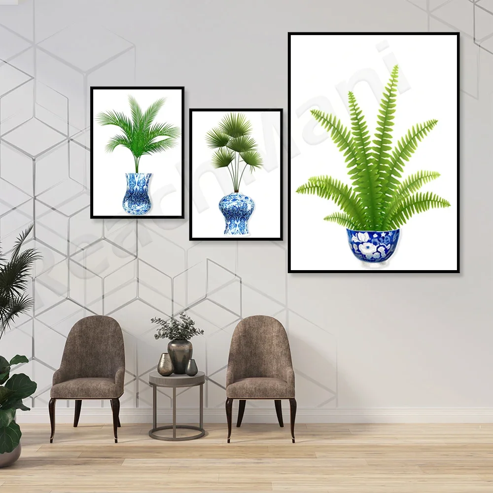 Синие горшки в китайском стиле и принты тропических растений синие вазы