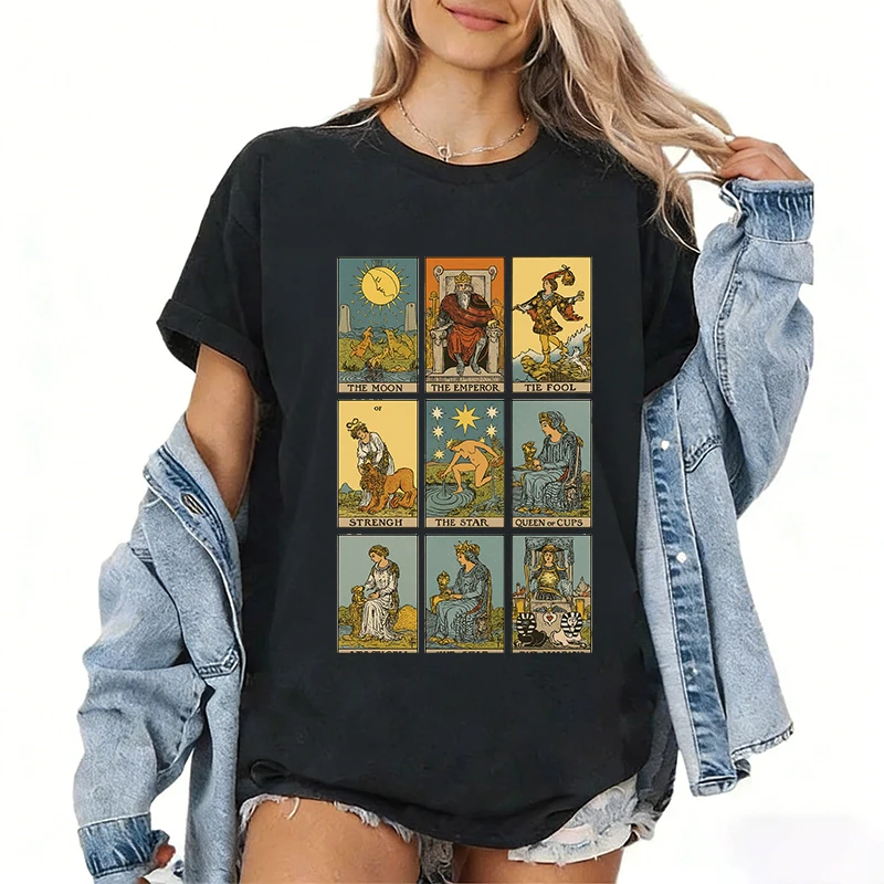 Фото Рубашка Таро Райдер-Велика, женская футболка Mujer Camisa, карта загадочного созвездия, лунная звезда, футболка с изображением королевы Таро №2