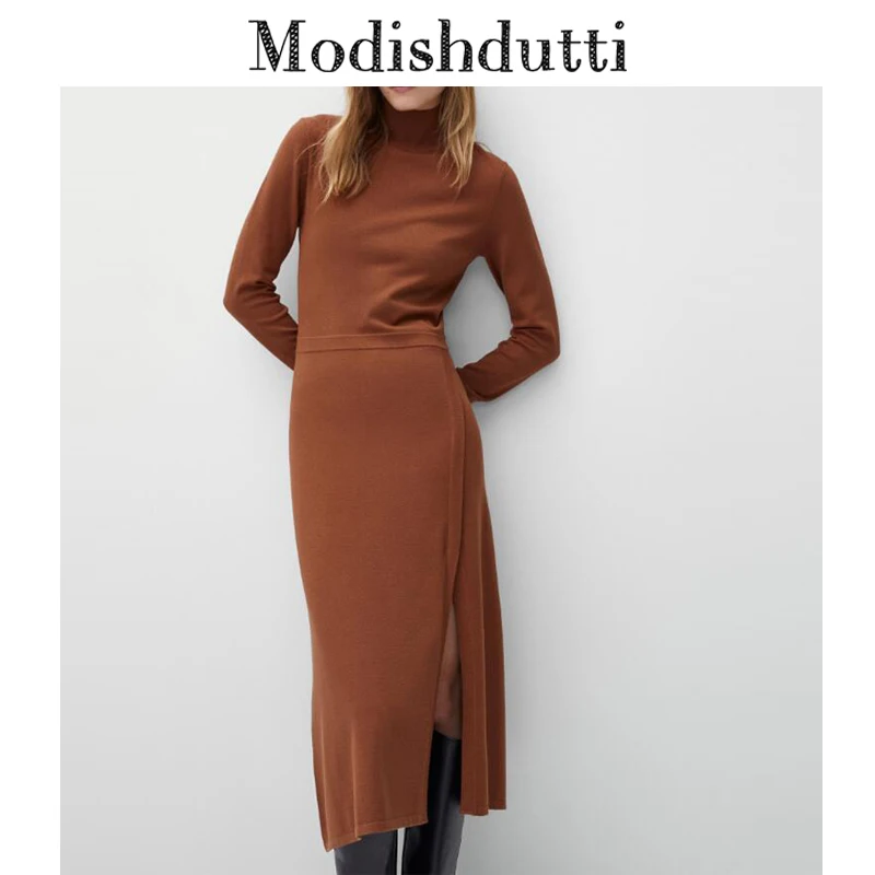 Modishdutti 2022 Autumn Women Fashion Temperament Slim Slit Long Sleeves office Dress Female Solid Simple knitting Dresses