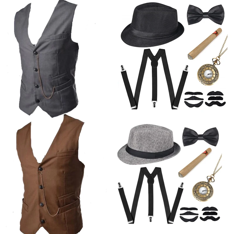 

Peaky Blinders Costume Accessories Set Steampunk WaistCoat Gangster Vest Pocket Watch 1920s Men Gatsby Cosplay Beard