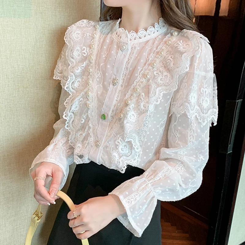

New Fashion Women Sweet Blouse Shirts Ladies Spring Single-Breasted Female Embroidery Ruffle Blouse Tops S9239