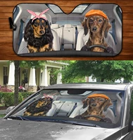 funny long haired dachshund dog driving summer car sunshade long haired doxie couple driving auto sunshade