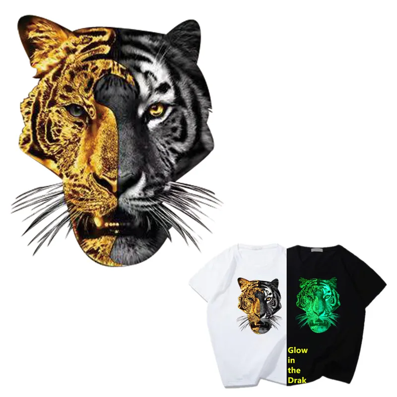 

Design Patch for clothes Tiger head Glow in the Dark Display Clothing Iron on Thermoadhesive Patches Luminous Party Runner