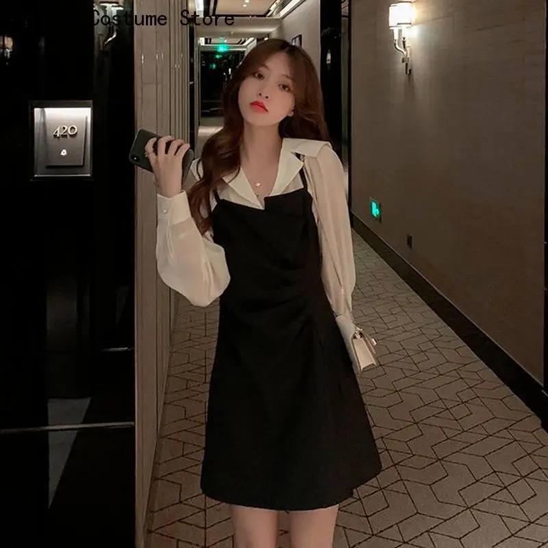 

Сарафан в стиле пэчворк, шикарное Сексуальное Женское Платье с длинным рукавом, имитация двух частей, элегантный матросский воротник, женское офисное милое мини-платье в Корейском стиле для девушек