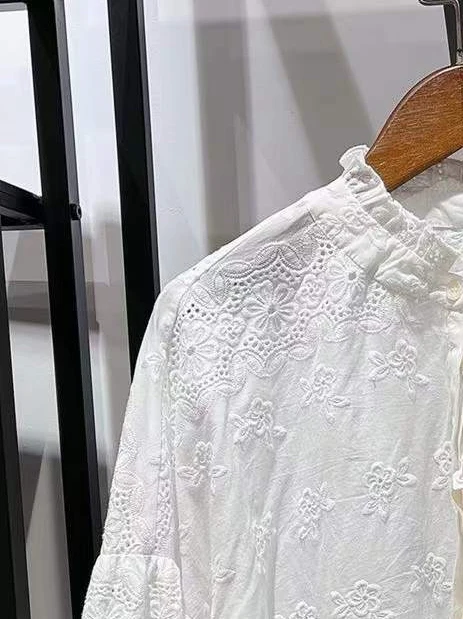 

Женские кружевные рубашки с вышивкой, ажурные рубашки с воротником и длинным рукавом, новинка весны 2022