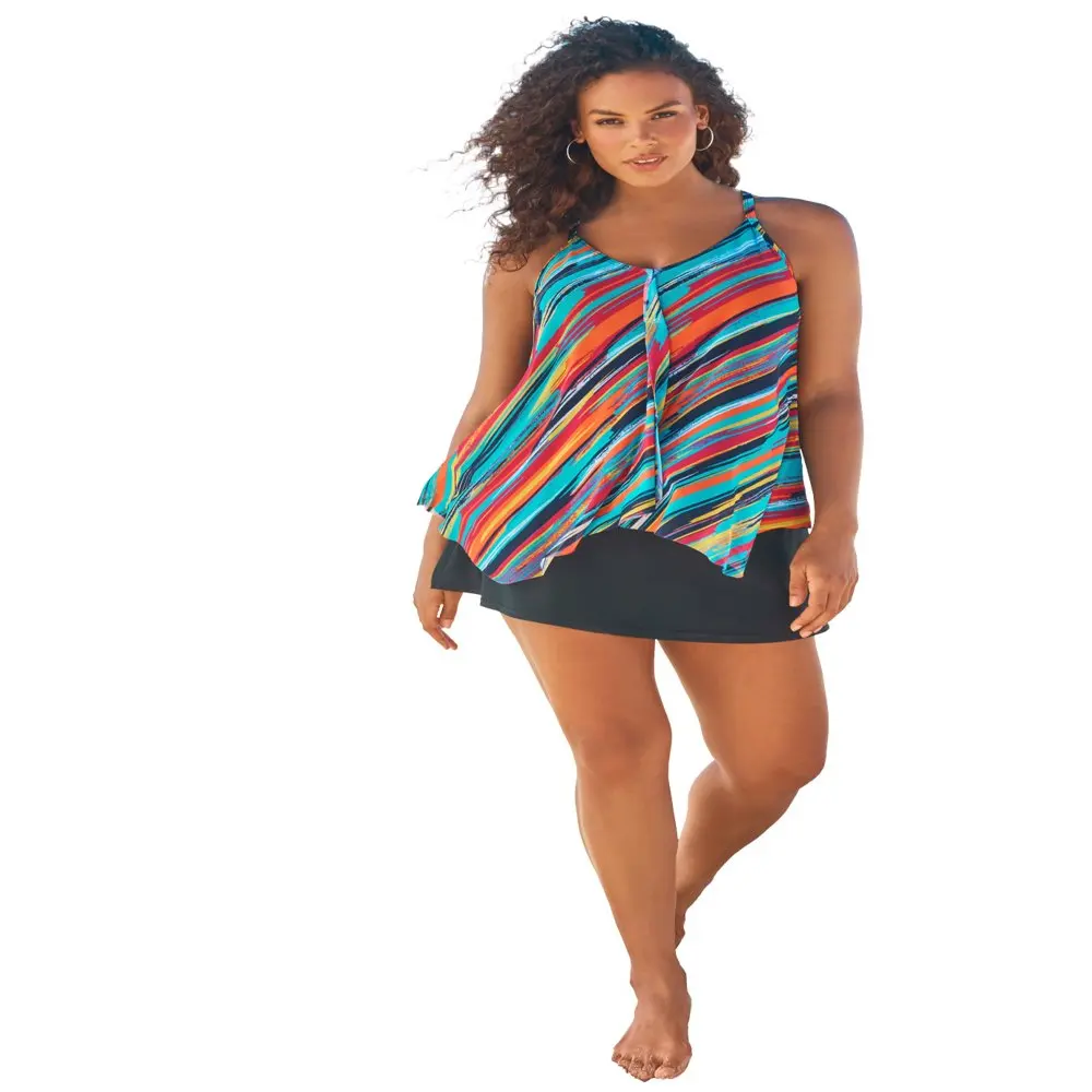

Swimsuits For All Women`s Plus Size Longer Length Mesh Tankini Top 20 Yellow Painterly Stripes