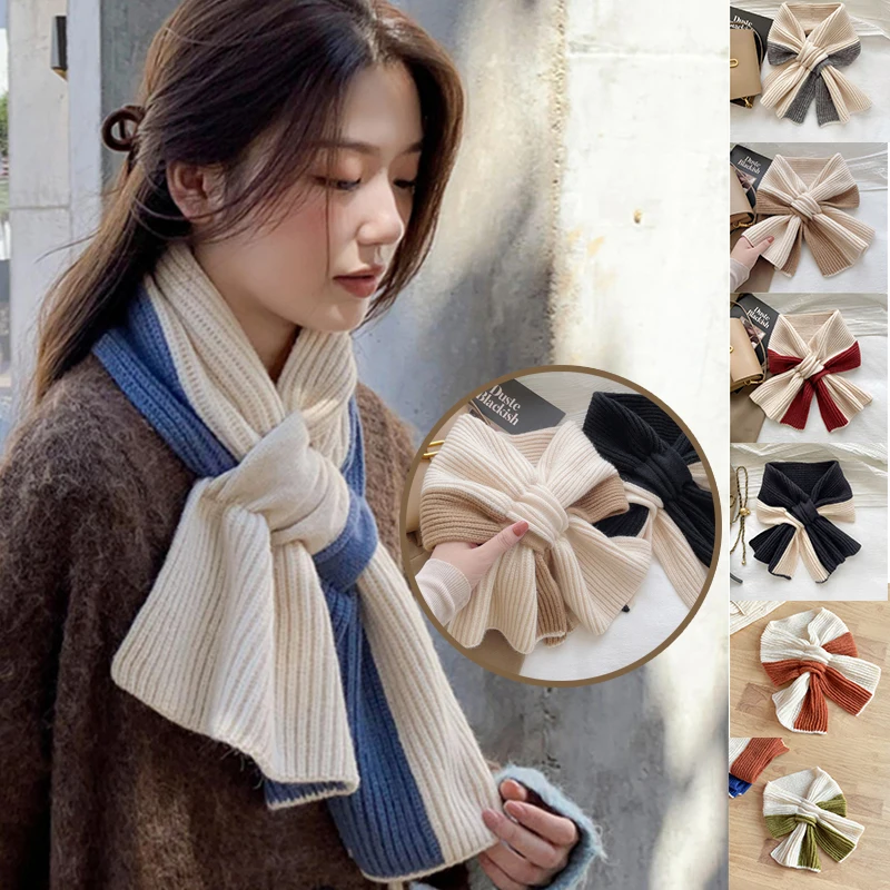 

Fake Collar Neck Winter Scarves Skinny Neck Tie Scarf Womens Woolen Yarn Neckerchief Small Shawl Two-colors Knitted Cross Scarf