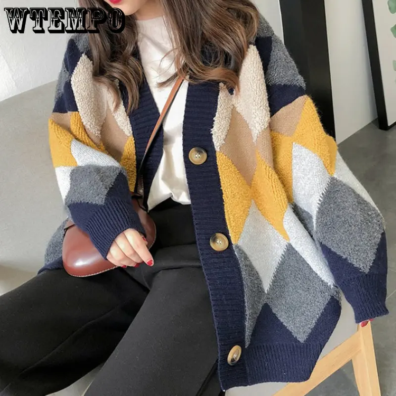 

Argyle Plaid Cardigans Knitted Sweater Women's Button Autumn Winter Oversized Cardigan Checkered Puff Sleeve Women Sweaters Top