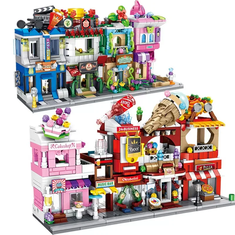 

Mini street view city miniature building model cake shop assembled hot pot shop DIY building blocks toy convenience store model