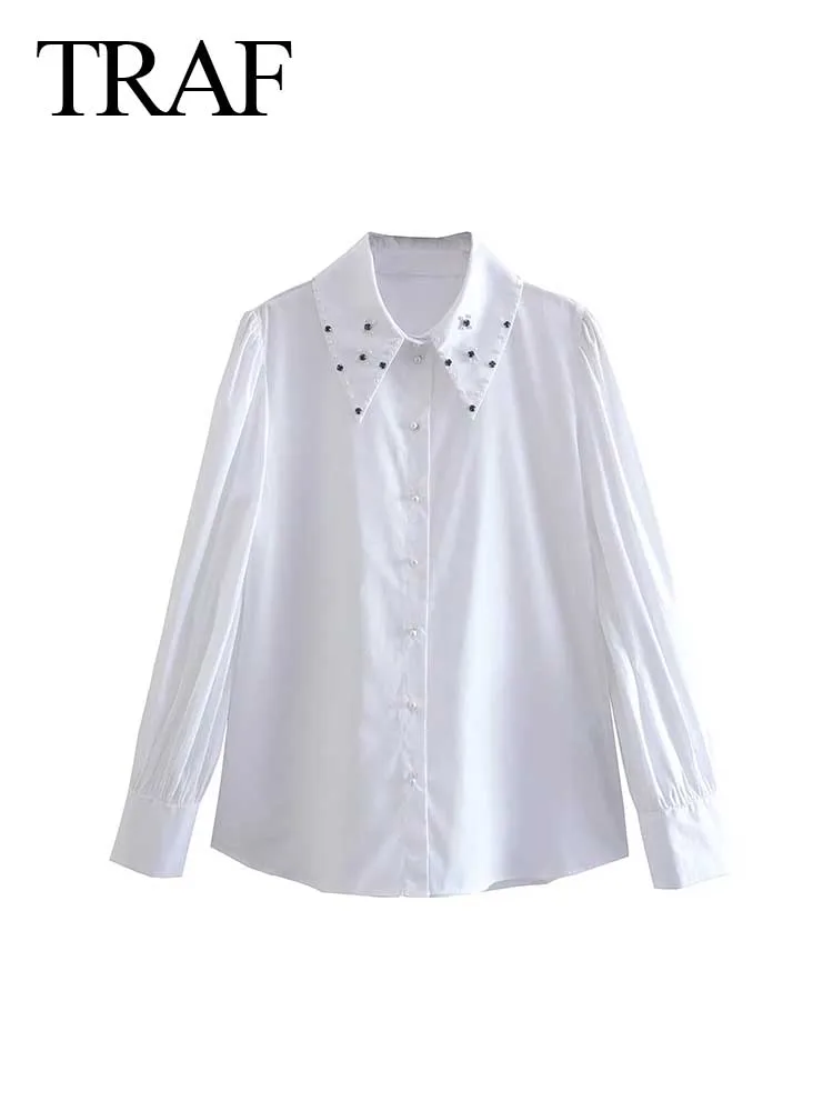 

TRAF ZA Ladies Shirts Long Sleeve Pearl Single Breasted Lapel Top Retro Casual Solid Color Street Loose Everyday Top Clothing