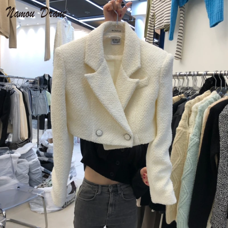 

Namou Drane Korean Version 2022 Spring and Autumn New Temperament Short Slim Suit Collar Shaggy Short Coat Women